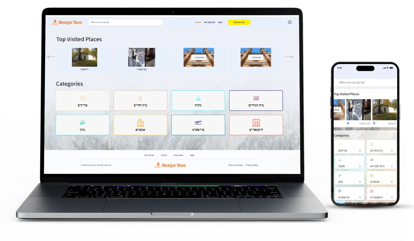 Nesiya Tova home screen with top visited places and categories, on a laptop and a phone